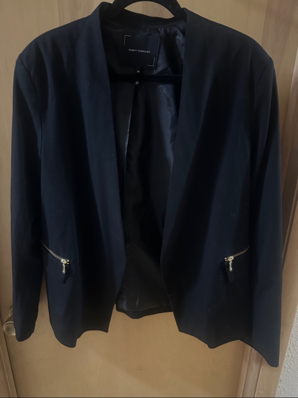 Robert Rodriguez Black Open-Front Blazer with Gold Zipper Accents